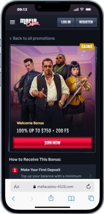Welcome offer page in Mafia Casino