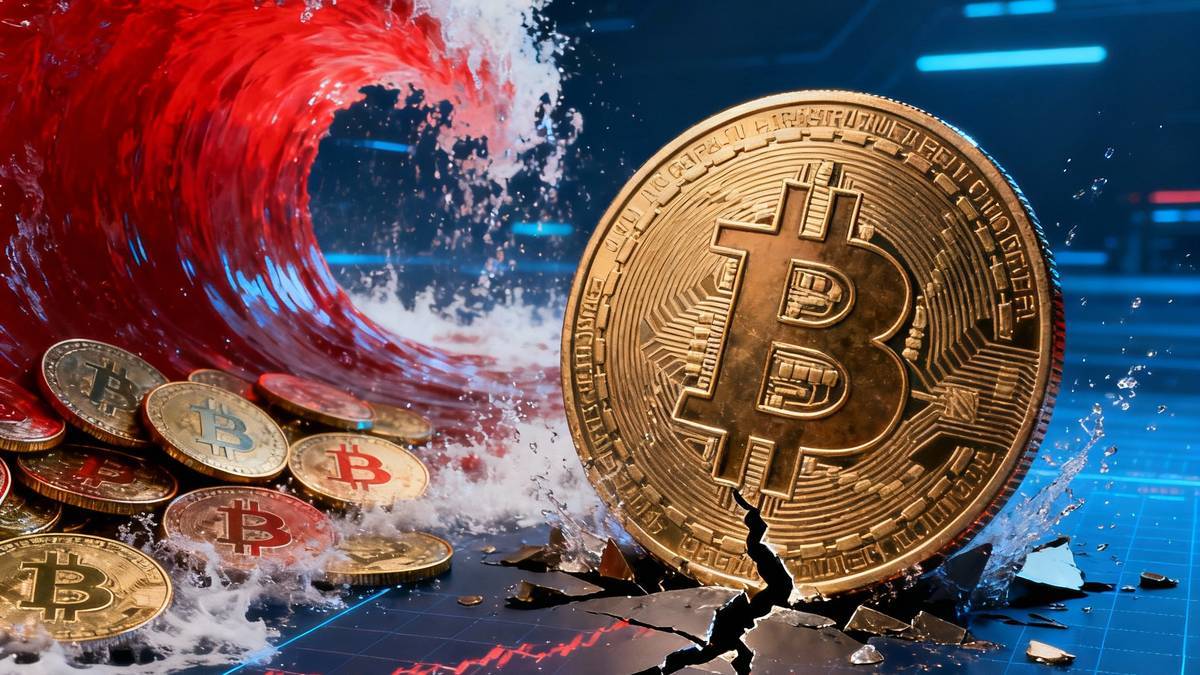 เหรียญ Bitcoin แตกกระแทกพื้น ท่ามกลางคลื่นสีแดงในฉากดิจิทัล