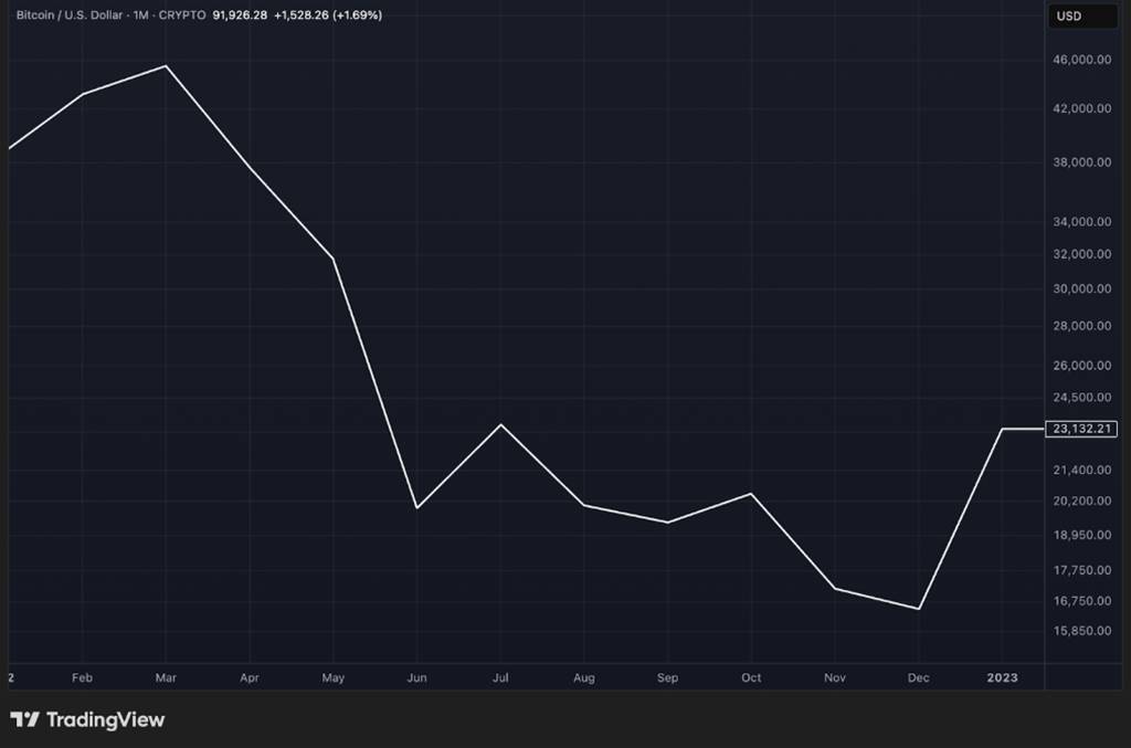 กราฟเส้นราคา Bitcoin รายเดือนบนพื้นหลังสีเข้ม
