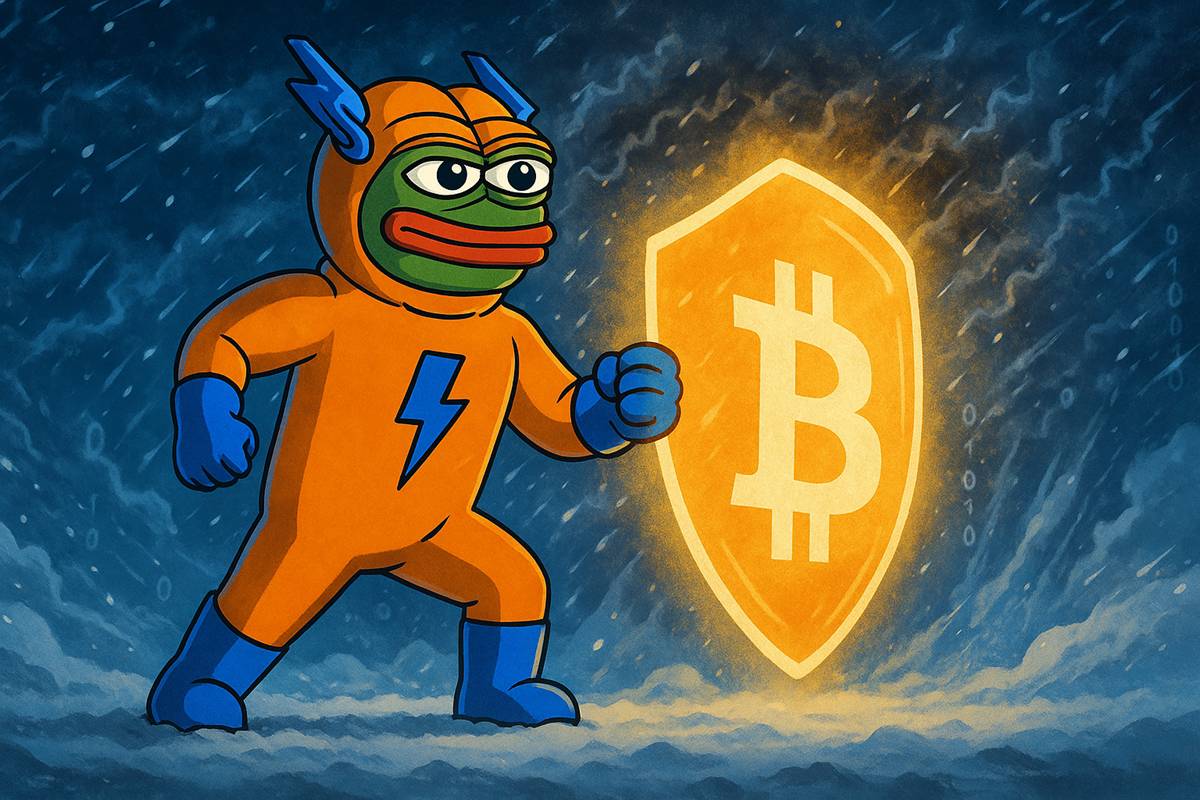 มาสคอต Bitcoin Hyper ยืนหน้ากำแพงโล่สีทองสัญลักษณ์บิตคอยน์