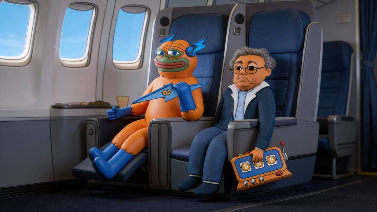 มาสคอต Bitcoin Hyper นั่งบนเครื่องบิน ถือกระเป๋าลาย BTC ข้างตัว