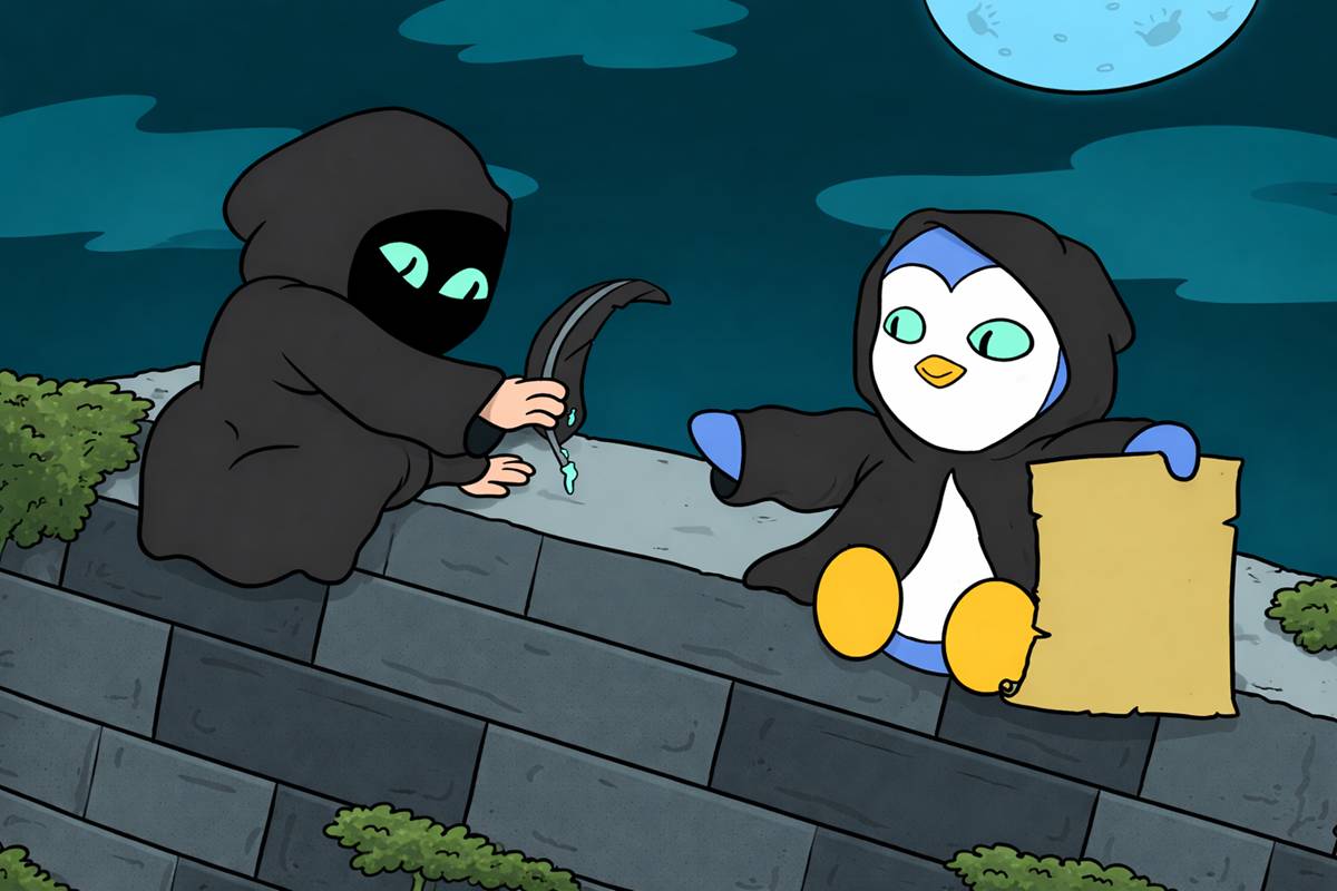 ตัวละครสวมฮู้ดถือมีดกับเพนกวินถือแผนที่บนกำแพงยามค่ำคืน