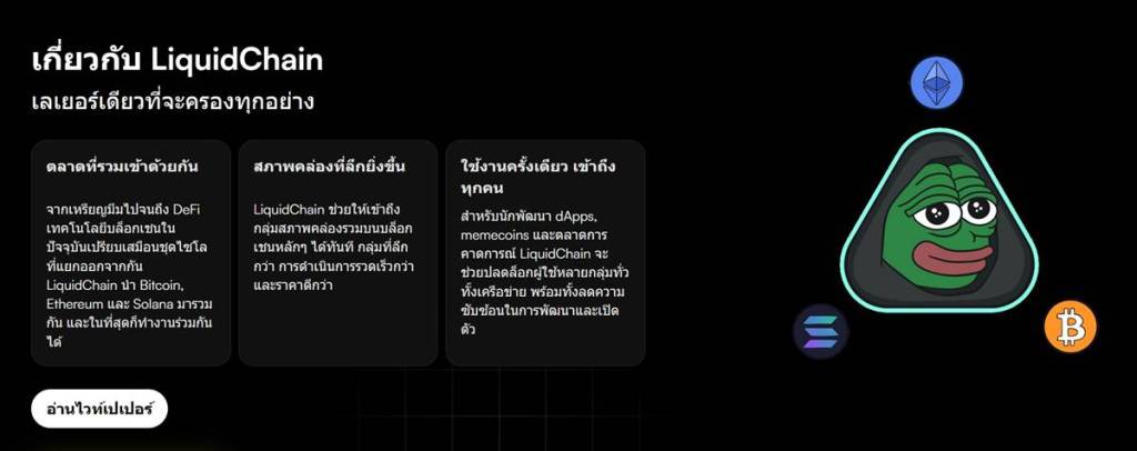 อินโฟกราฟิกอธิบาย LiquidChain Layer 3 พร้อมไอคอน Ethereum Bitcoin Solana