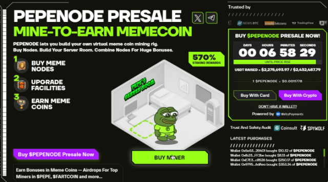 PEPENODE’s mine-to-earn ecosystem and presale numbers.