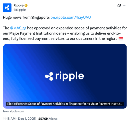 Ripple's post on X on the expansion of its MPI license.