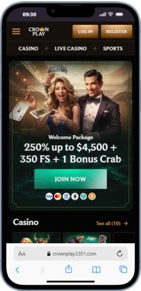 Mobile screenshot of the CrownPlay home page, shown within informational content about the best Australian casinos.