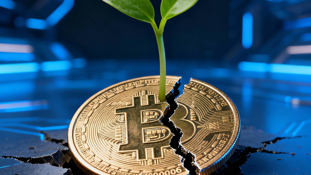 ภาพเหรียญ Bitcoin ที่มีรอยร้าวและมีต้นอ่อนสีเขียวงอกออกมา สื่อถึงการปรับฐานของราคา Bitcoin ก่อนจะฟื้นตัวอย่างแข็งแกร่ง
