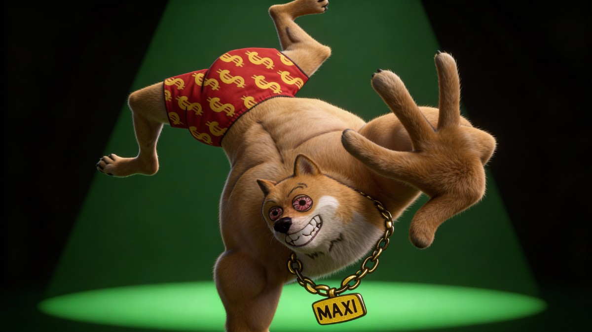 Maxi Doge กล้ามโตสวมกางเกงลายสัญลักษณ์เงิน ยืนโพสท่าบนเวทีแสงสีเขียว พร้อมสร้อยคอคำว่า MAXI