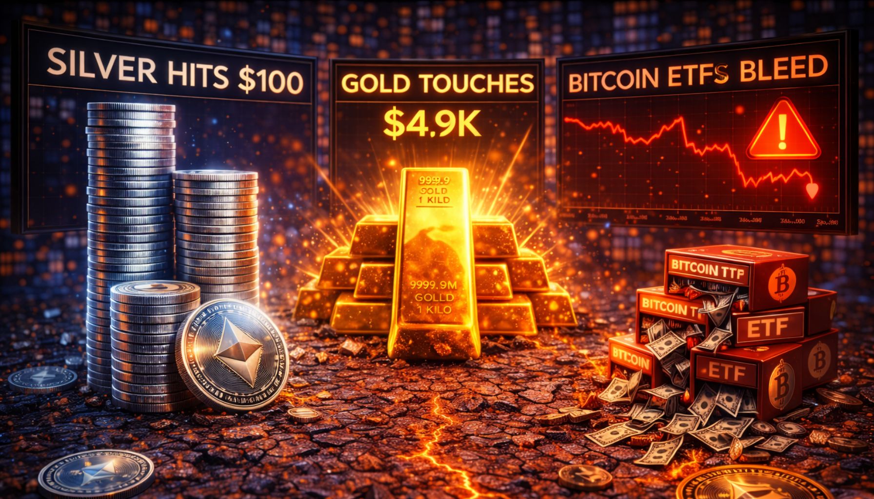 Crypto Capital Rotates To Metals: Silver Hits $100, Gold Touches $5K While Bitcoin ETFs Bleed