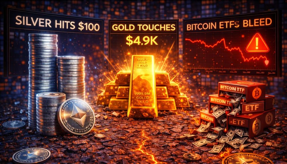 Crypto Capital Rotates To Metals: Silver Hits $100, Gold Touches $5K While Bitcoin ETFs Bleed