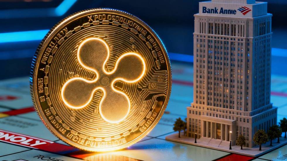 เหรียญ XRP สีทองตั้งอยู่หน้าอาคารธนาคารสไตล์อเมริกัน