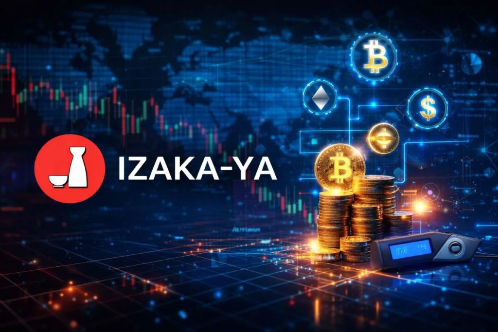 IZAKA-YAのロゴとビットコイン
