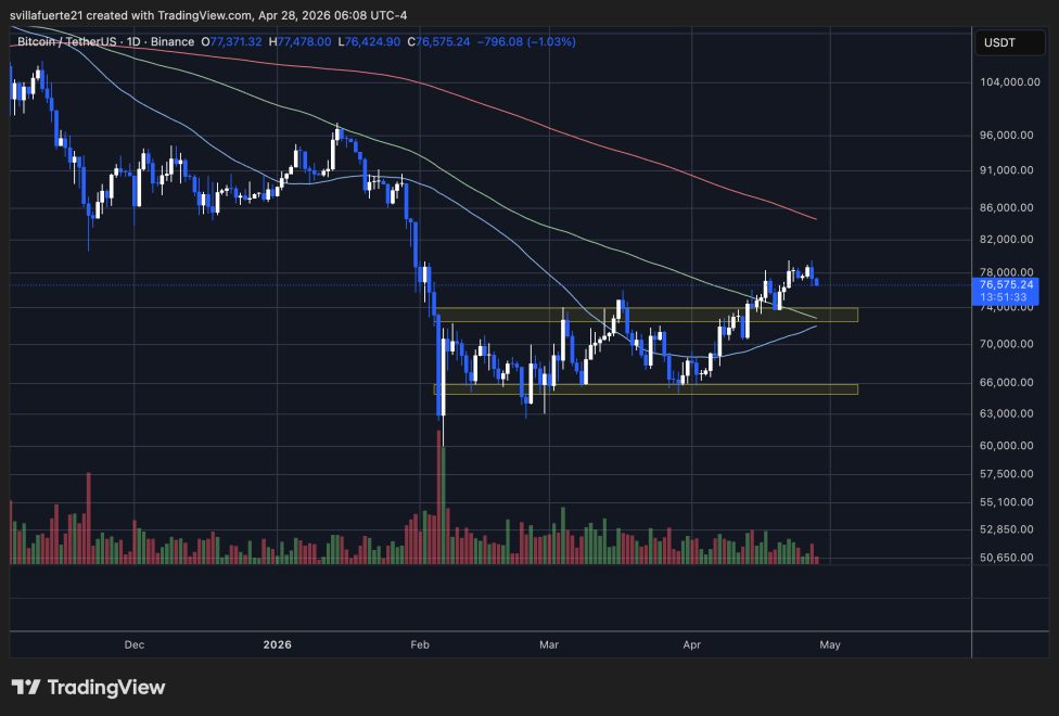 BTC consolidates above the $75K level | Source: BTCUSDT chart on TradingView